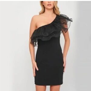 NEW Zara Ruffled Sheath Midi Dress Size Small Black Women's One Shoulder Stretch